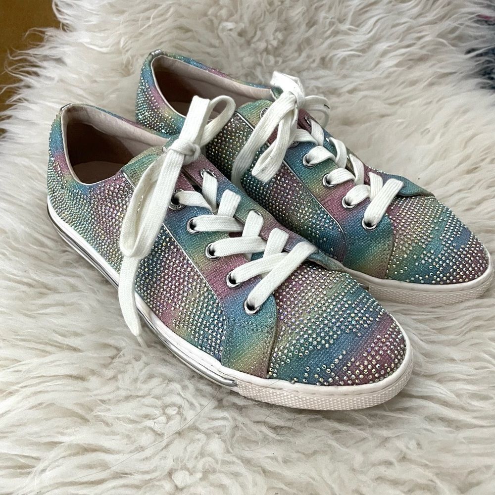 Badgley Mischka Iridescent Glitter Lace Up Sparkle Sneaker As-Is Size 8